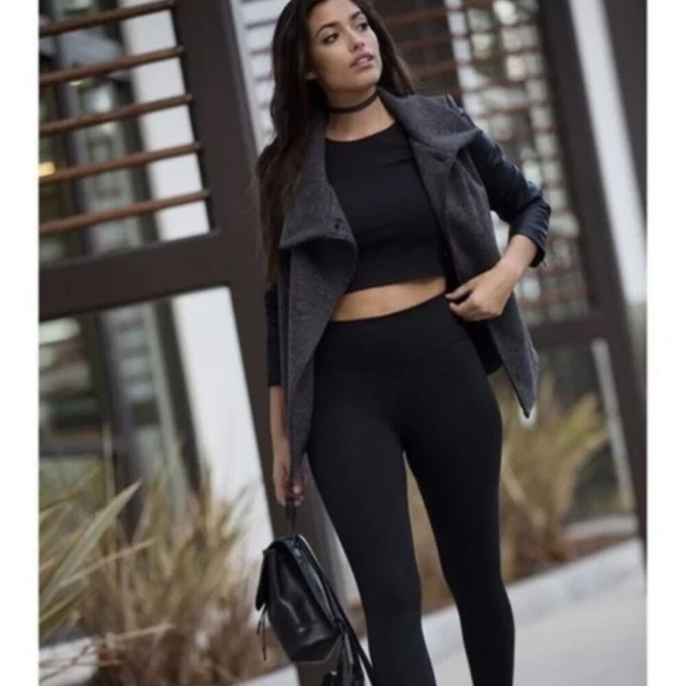 Fabletics Milano Two-Toned Asymmetrical Coat Faux Leather Sleeves